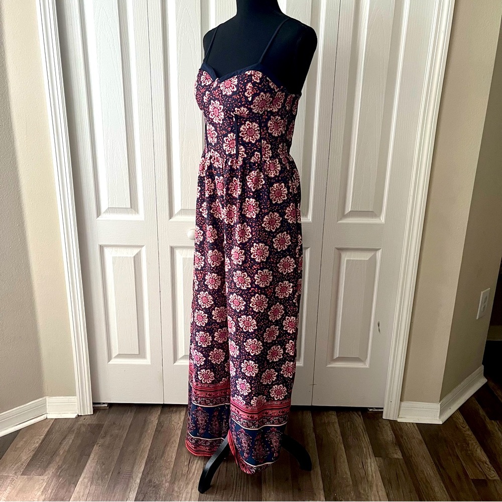 Pink and Navy Print Wireless Stretch Jumpsuit, Size M